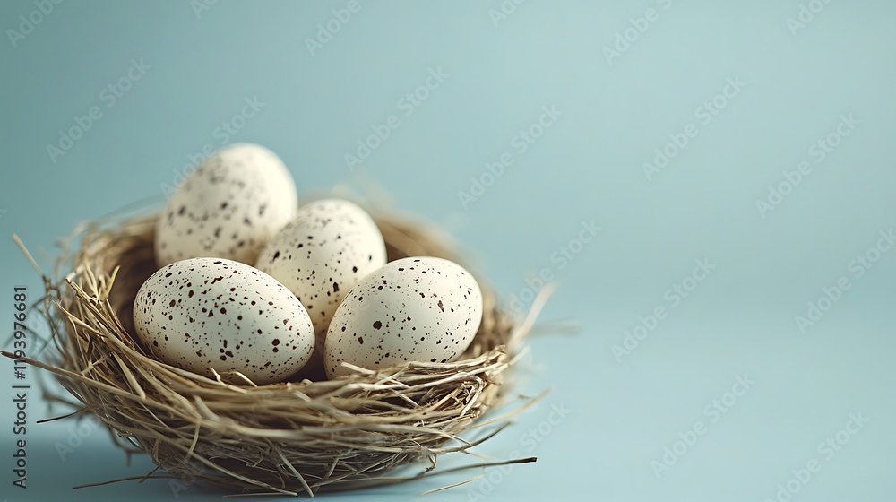 Elegant Easter Nest with Pastel Speckled Eggs on Blue Gradient Elegant Easter Nest with Pastel Speckled Eggs on Blue Gradient