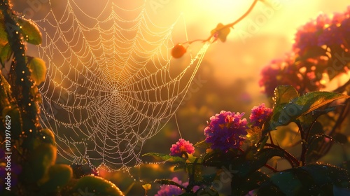 Dewdrops Adorn Gossamer Web At Sunrise Among Flowers
