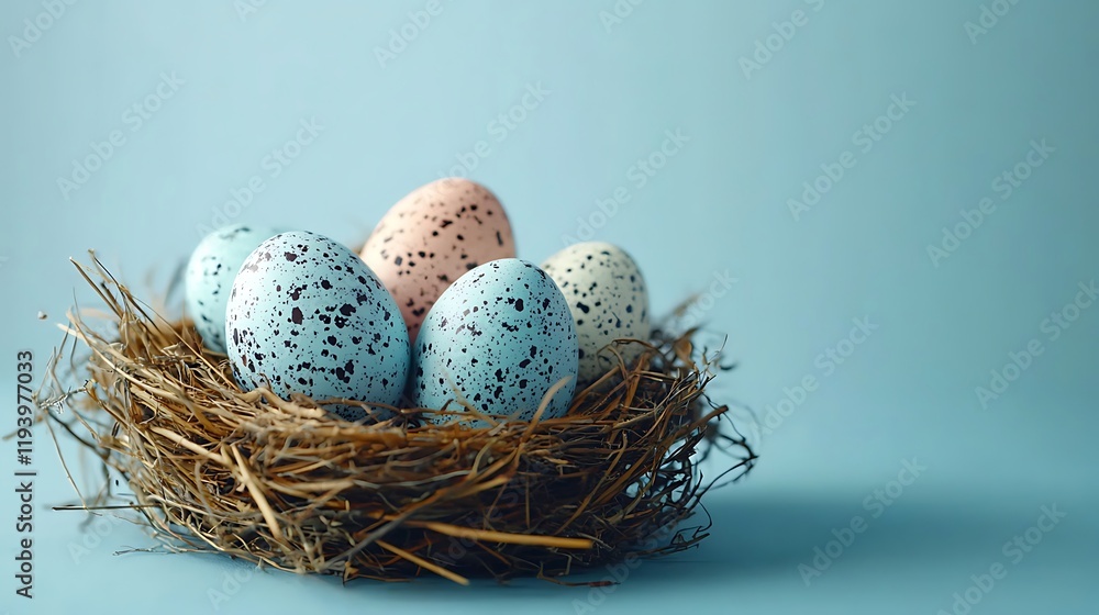 Fototapeta premium Elegant Easter Nest with Pastel Speckled Eggs on Blue Gradient