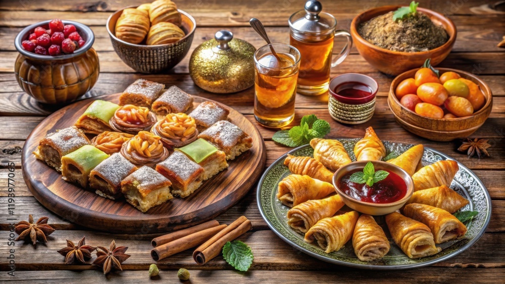 Fototapeta premium Exquisite Display of Middle Eastern Pastries and Teas on Rustic Table