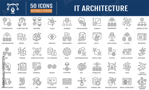 IT Architecture line editable icon set. Containing system, network, database, framework, infrastructure, server, cloud, virtualization, icon. Vector Illustration