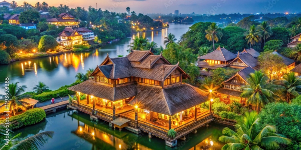 Scenic Waterfront View of Luxurious Resort Surrounded by Nature Scenic Waterfront View of Luxurious Resort Surrounded by Nature