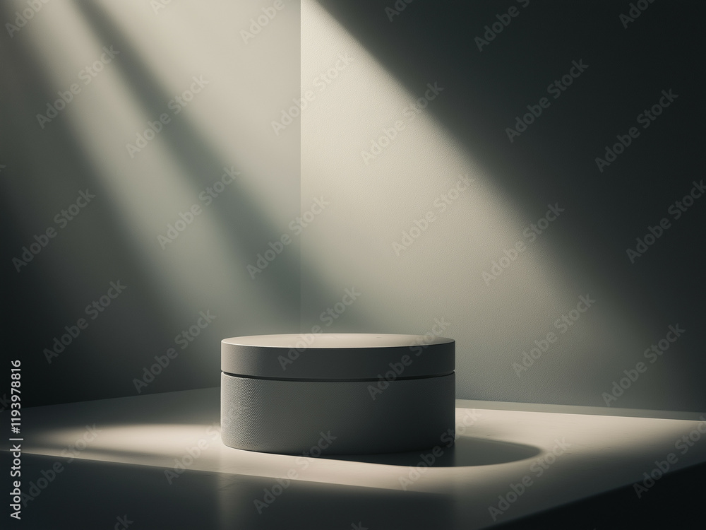 a grey circular podium with soft lighting a grey circular podium with soft lighting