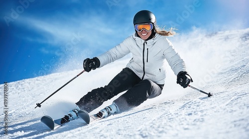 Skiing Woman Carving Down Snowy Slope with Bright Blue Sky and Joyful Expression
