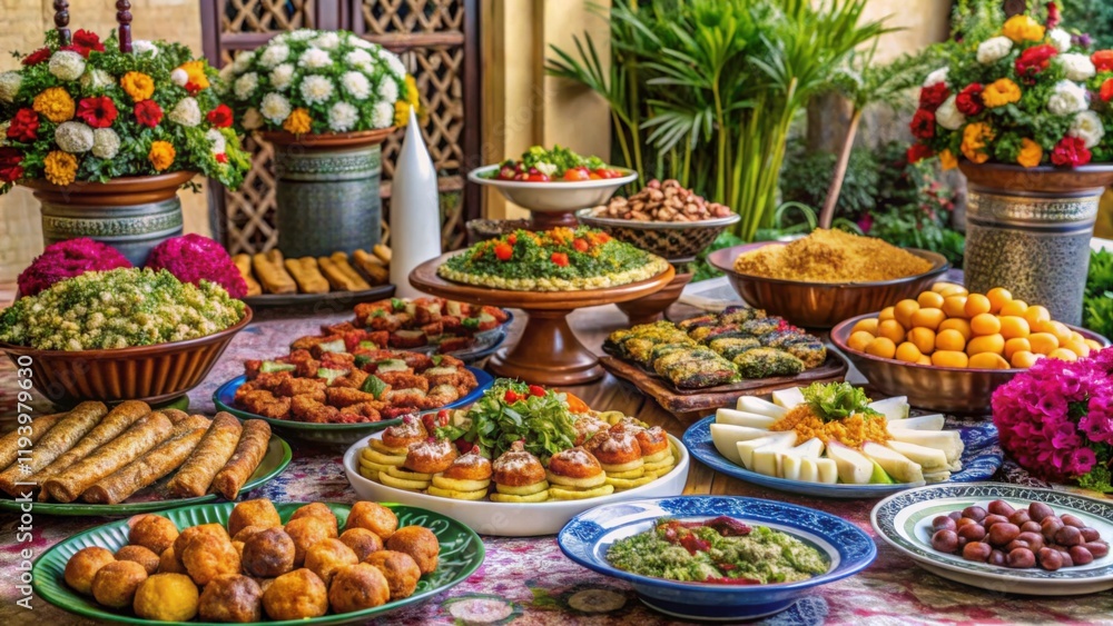 Fototapeta premium Colorful Festive Spread of Traditional Dishes and Sweet Delicacies