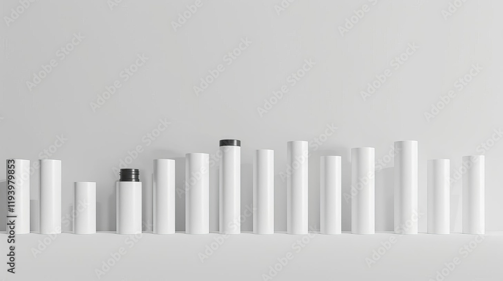 A minimalist arrangement of cylindrical white containers on a neutral background. A minimalist arrangement of cylindrical white containers on a neutral background.