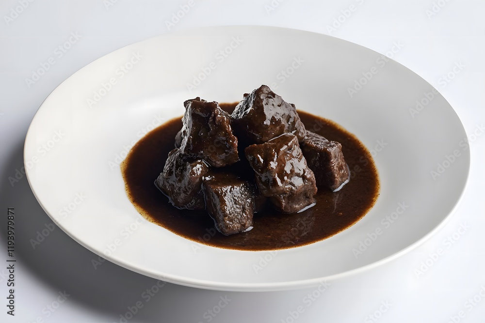 plate of rendang with tender chunks of beef submerged in a thick, dark sauce, placed against a clean white background plate of rendang with tender chunks of beef submerged in a thick, dark sauce, placed against a clean white background