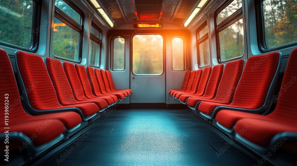 Fototapeta premium Interior of a train with red seating and sunlight.