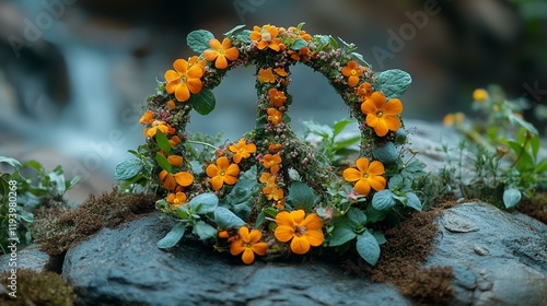 A close-up of a peace sign made from flowers or plants, symbolizing harmony with nature and the environment. 69