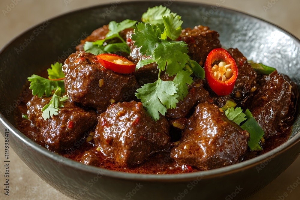 bowl of rendang with beef pieces covered in a glossy, aromatic sauce, showcasing a perfect glaze of spices. The fresh garnish of cilantro leaves and chili slices adds a burst of color bowl of rendang with beef pieces covered in a glossy, aromatic sauce, showcasing a perfect glaze of spices. The fresh garnish of cilantro leaves and chili slices adds a burst of color