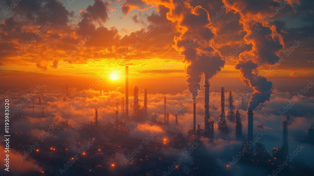 Fototapeta premium Majestic Industrial Skyline at Sunset with Smoke Stacks and Orange Sky Illuminating Factory Landscape in a Moody Atmosphere with Thick Clouds and Distant Lighting Effects