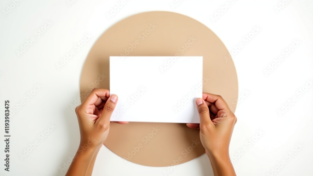 Obraz premium Hands Holding Blank White Card Above Beige Circle
