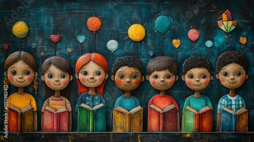 A classroom mural showing children of different backgrounds learning together with books, pencils, and symbols of knowledge. 389