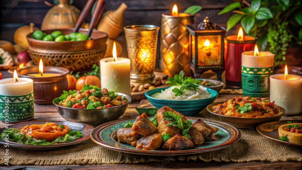 Festive Table Setting with Diverse Dishes and Candlelit Ambiance Festive Table Setting with Diverse Dishes and Candlelit Ambiance