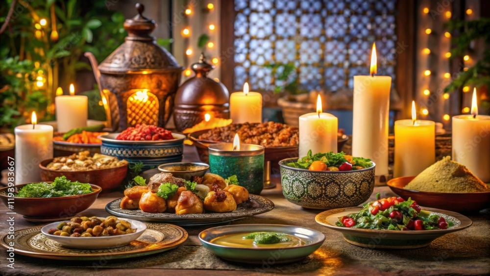 Festive Middle Eastern Table with Dishes and Candles at Night Festive Middle Eastern Table with Dishes and Candles at Night