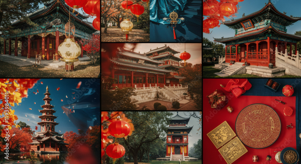 Autumnal Chinese Temple Collage Red Lanterns Pagodas Architecture Autumnal Chinese Temple Collage Red Lanterns Pagodas Architecture