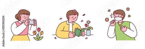 Spring season. People taking pictures of pretty flowers, people reading books while looking at plants, people coughing from pollen allergies.
