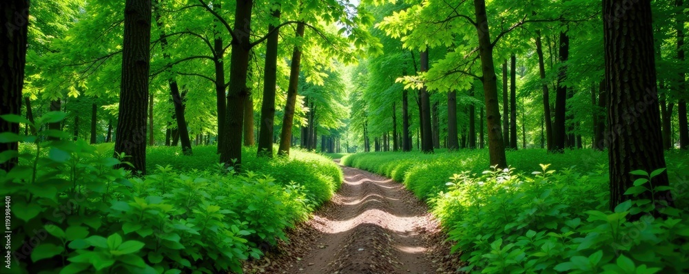 Obraz premium Dense green foliage surrounds a winding dirt path, wilderness, dry forest, landscape