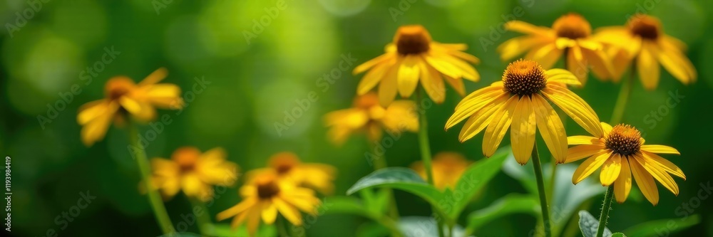 Echinacea flower clusters in shades of bright yellow amidst green foliage, clusters, botany, plants Echinacea flower clusters in shades of bright yellow amidst green foliage, clusters, botany, plants