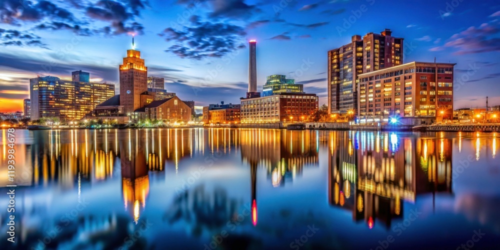 Naklejka premium Stunning City Skyline Reflection at Dusk over Calm Water Surface