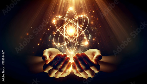 Atom Two hands delicately holding a radiant orb, symbolizing an atom Light and energy burst outward from 2