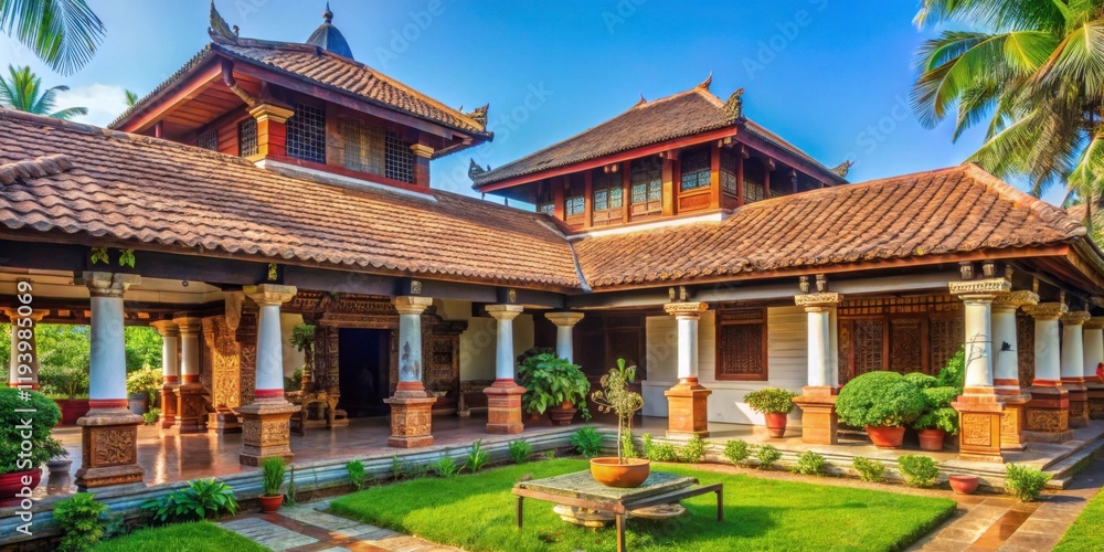 Obraz premium Traditional Asian Architecture with Lush Surroundings and Clear Sky