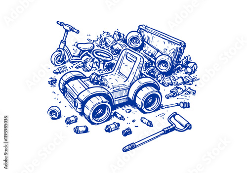 Unused Toys Waste Hand Drawn Sketch Illustration Vector Isolated