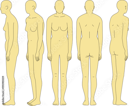 猫背の男性。前面、背面、斜め前、斜め後ろ、全身のイラスト