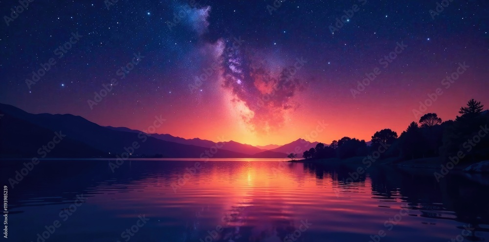 Glowing starry sky over a serene lake at dusk, water, glowing, reflection Glowing starry sky over a serene lake at dusk, water, glowing, reflection