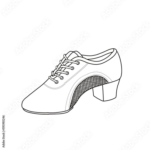 Technical sketch drawing of heels for woman line art. Latin dance shoes for women lace-up, professional practice salsa dance, modern ballroom dance shoes