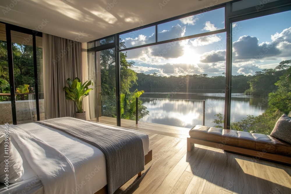 Luxury bedroom, lake view, sunrise, jungle, vacation rental