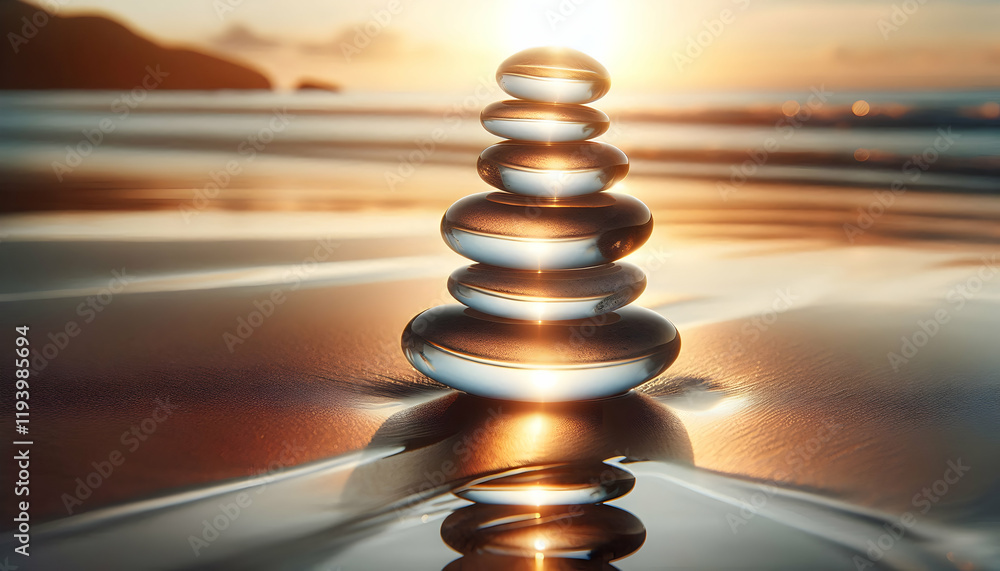 Obraz premium Atom A stack of smooth, transparent stones arranged in a vertical formation on a reflective surface, like3