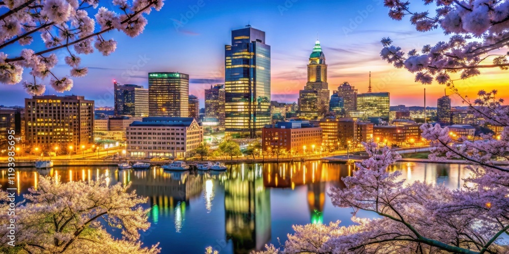 Fototapeta premium Vibrant Cityscape with Cherry Blossoms at Sunset Over Water