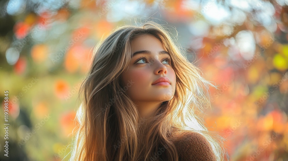 Young woman with flowing hair in autumn bokeh light Young woman with flowing hair in autumn bokeh light