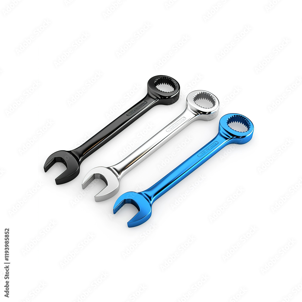 Three Metallic Wrenches in Black, Silver, and Blue - Tools for Repair and Maintenance Three Metallic Wrenches in Black, Silver, and Blue - Tools for Repair and Maintenance