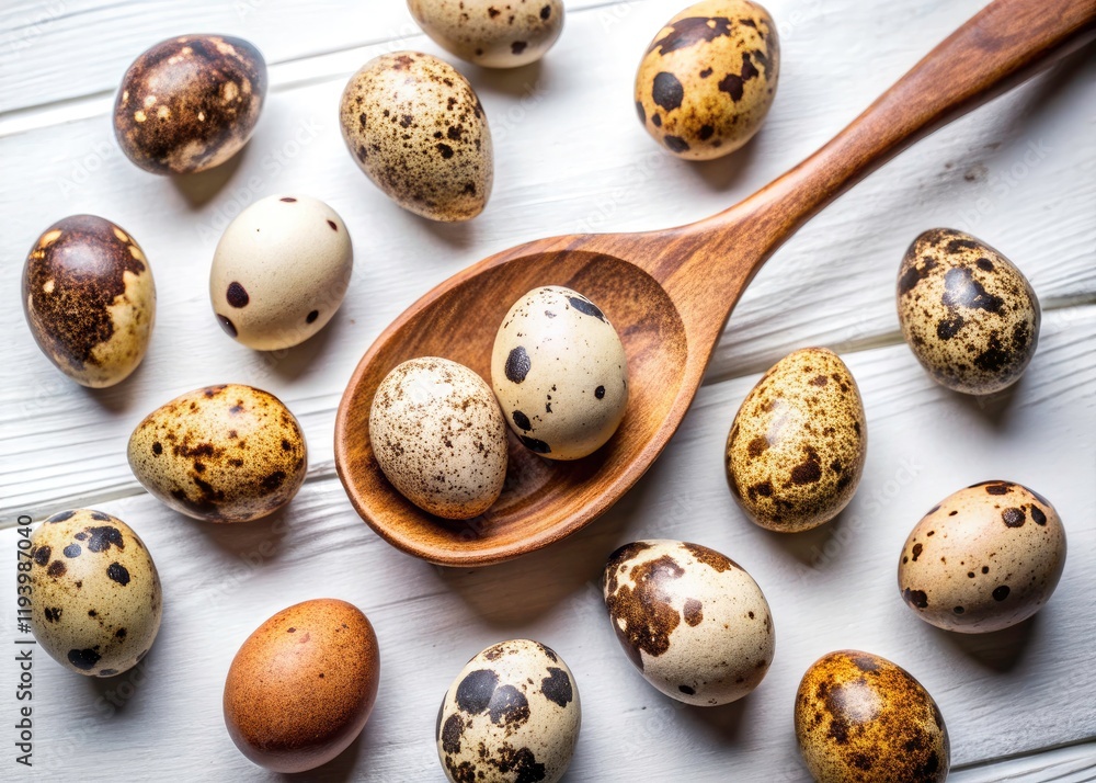 Aerial View Boiled Quail Eggs Wooden Spoon White Background Food Photography Stock Image Aerial View Boiled Quail Eggs Wooden Spoon White Background Food Photography Stock Image