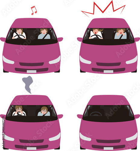 乗用車を運転する人.驚く運転手と助手席の女性.呆然とするイラスト