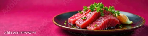 Wallpaper Mural Raw tuna steak served on a platter with magenta background, dining, platter, seafood Torontodigital.ca