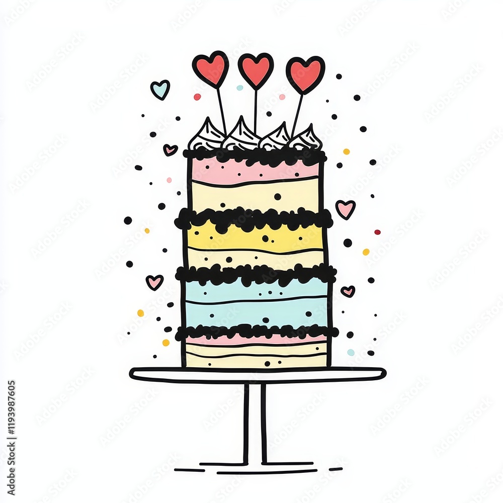 Tall, Colorful Cake with Heart Toppers and Sprinkles on a White Stand, Line Drawing Style Tall, Colorful Cake with Heart Toppers and Sprinkles on a White Stand, Line Drawing Style