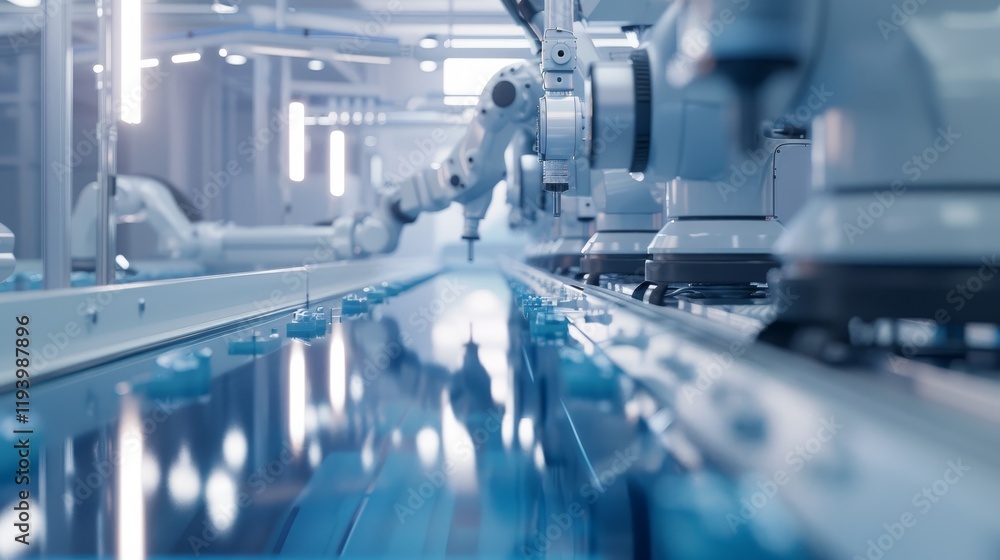A modern industrial setting featuring robotic arms on a conveyor belt in a high-tech manufacturing facility. A modern industrial setting featuring robotic arms on a conveyor belt in a high-tech manufacturing facility.