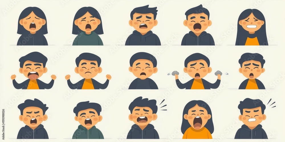 Cute Cartoon concept. Illustration of diverse characters expressing various emotions in a grid format. Cute Cartoon concept. Illustration of diverse characters expressing various emotions in a grid format.