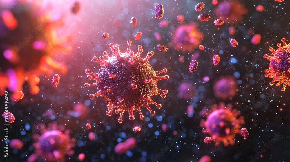 Dramatic Concept of Virus and Germs Invading Human Cells in a Colorful Abstract Representation Dramatic Concept of Virus and Germs Invading Human Cells in a Colorful Abstract Representation