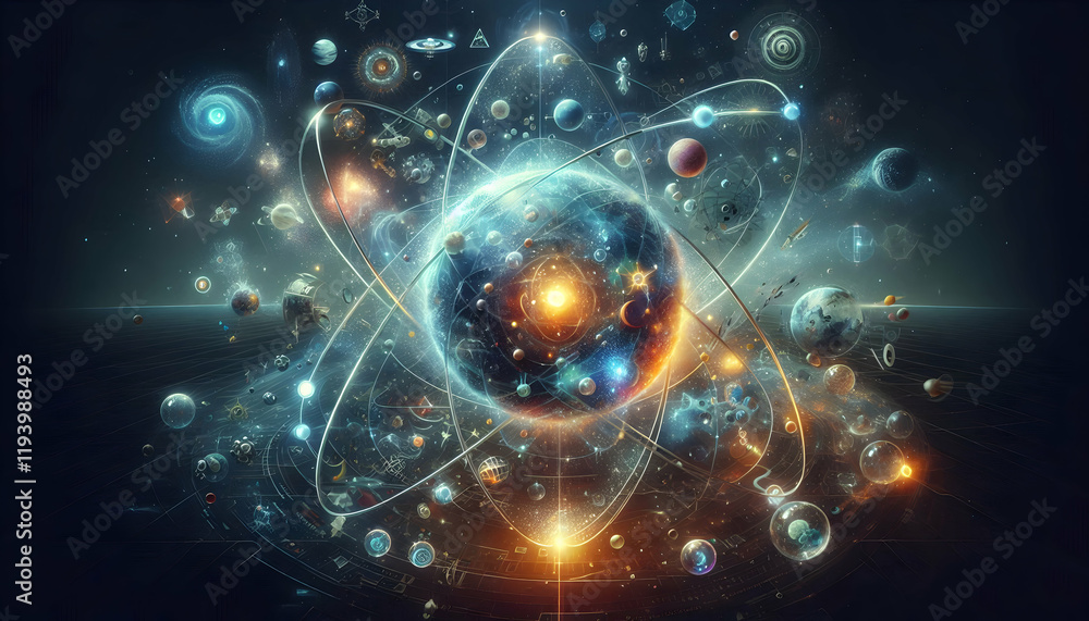 Atom A futuristic atom surrounded by a glowing sphere, with celestial objects and abstract shapes swirling around, representing a miniature universe of interconnected energies (2) Atom A futuristic atom surrounded by a glowing sphere, with celestial objects and abstract shapes swirling around, representing a miniature universe of interconnected energies (2)