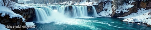 Serene turquoise waters cascade over rugged banks amidst snowfall, forest, waterfall, waterfalls