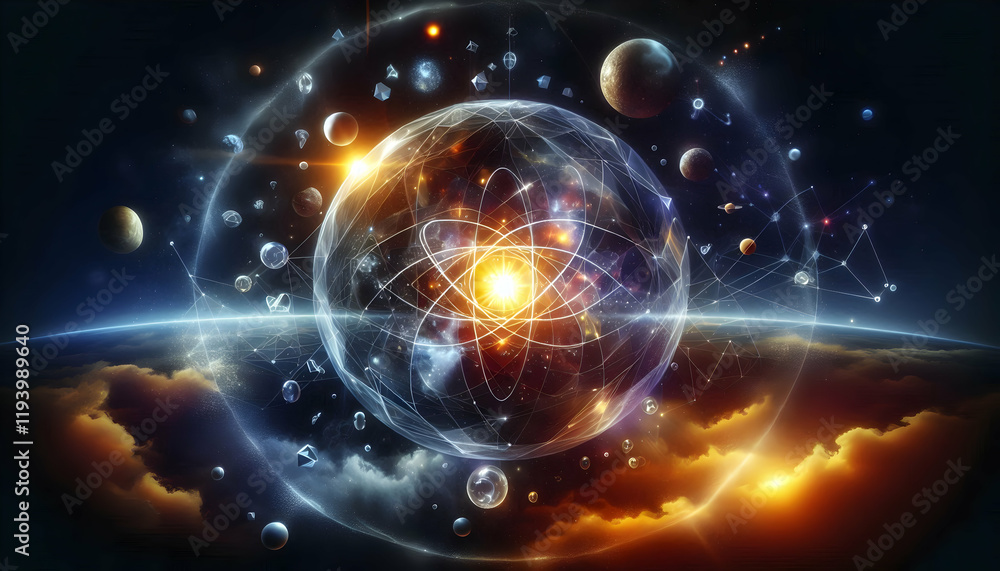 Obraz premium Atom A dynamic atomic structure, encapsulated within a glowing sphere, surrounded by floating shapes and celestial bodies, with rays of light emitting from the center