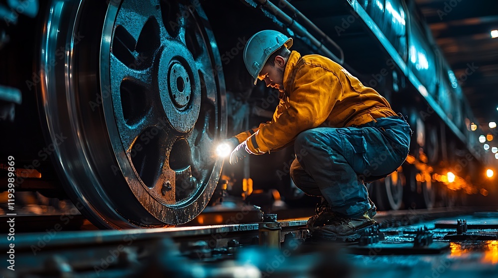 A worker crouching near the wheels of a stationary train, inspecting the axle with a flashlight, industrial tools scattered around, dramatic evening lighting, A worker crouching near the wheels of a stationary train, inspecting the axle with a flashlight, industrial tools scattered around, dramatic evening lighting,