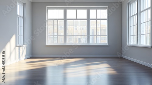 Sunlit Empty Room With Large Windows and Hardwood Floor