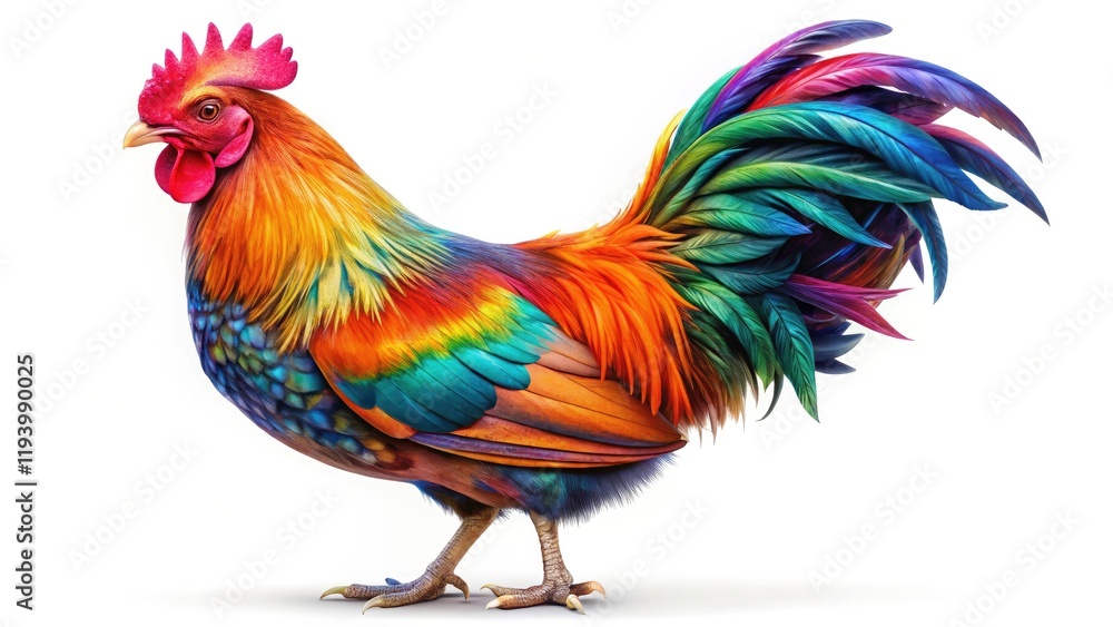 Fototapeta premium Colorful Chicken, High-Resolution Photo, Isolated White Background, Poultry, Bird, Farm Animal, Vivid Feathers, Detailed Image, Beautiful Chicken