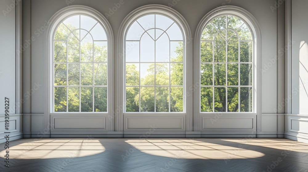 Fototapeta premium Elegant room with three arched windows overlooking a lush green landscape