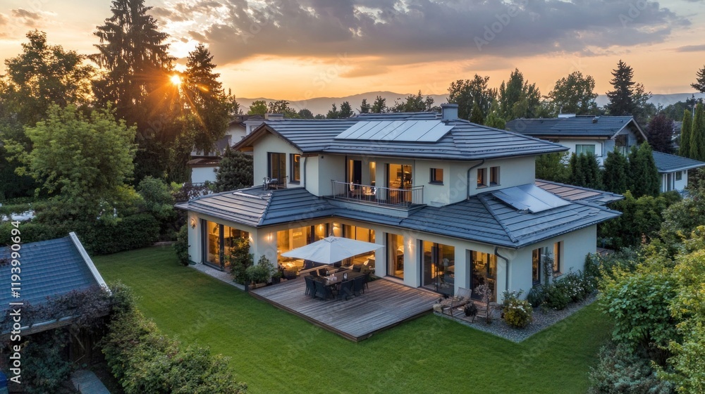 Luxury Home Sunset Aerial View: Modern Architecture, Solar Panels, and Lush Landscaping Luxury Home Sunset Aerial View: Modern Architecture, Solar Panels, and Lush Landscaping